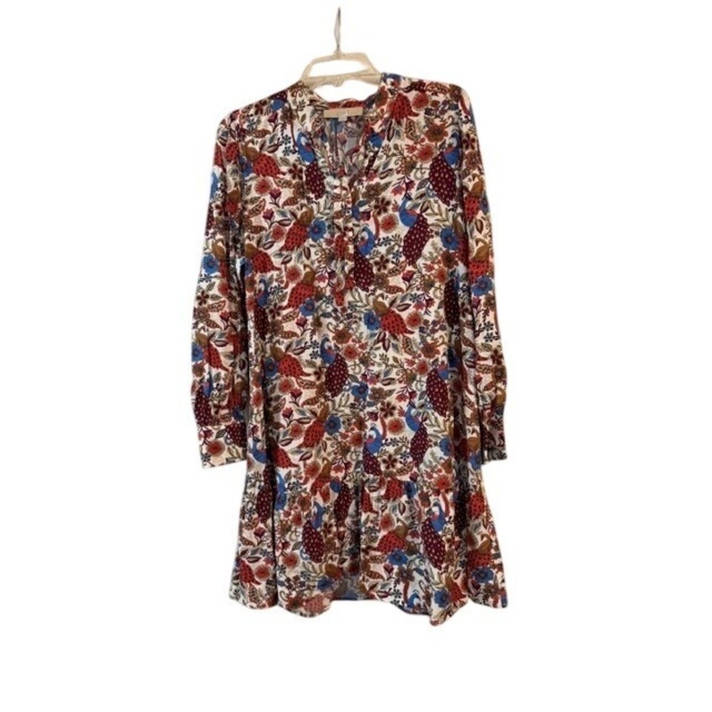 Ann Taylor LOFT Womens Peacock Floral Print Tiered Shift Dress Viscose L EUC